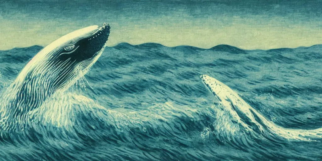 Image similar to An aesthetically pleasing, dynamic, energetic, lively, well-designed digital art of a whale, ripples, waves, sea foam, light and shadow, ocean caustics, aizome patterns, by Ohara Koson and Claude Monet, traditional Japanese colors, superior quality, masterpiece, excellent use of negative space.