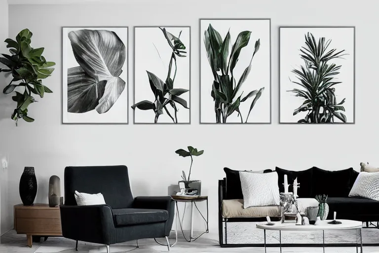 Prompt: minimalist contemporary modern design living room, cozy, calm, plants, big canvas art, hardwoord floor, white walls, highly detailed wide angle photograph
