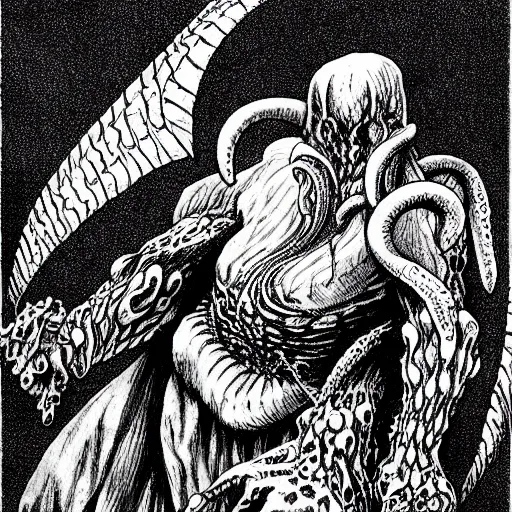 Image similar to Cthulhu by Kentaro Miura, highly detailed, black and white