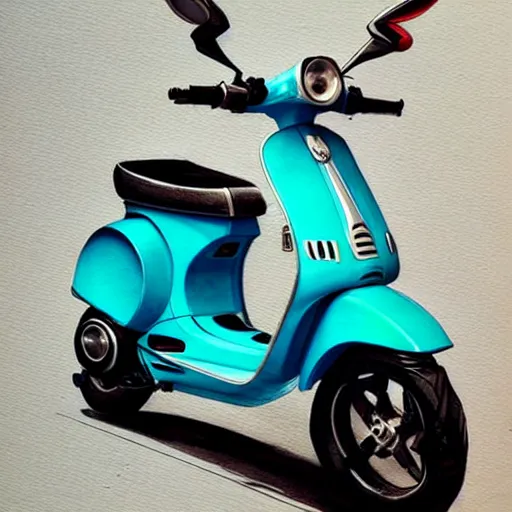 Image similar to a turquoise vespa moped, realistic, concept art, intricate details, detailed, photorealistic, pencil and watercolor, art by artgerm and greg rutkowski