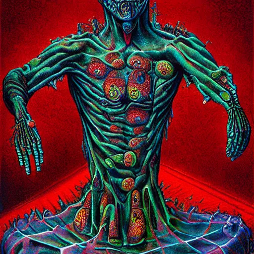 Image similar to lament configuration box floating above skinned bloody man in hell by clive barker, alex grey, lisa frank, beksinski