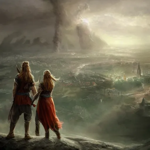 Image similar to epic portrait two viking couple holding hands and watching a city being destoryed in far distance, Blurry backround, explosions, cloudy, digital painting, artstation, concept art, soft light, hdri, smooth, sharp focus, illustration, fantasy, intricate, elegant, highly detailed, D&D, matte painting, in the style of Greg Rutkowski and Alphonse Mucha and artemisia, 8k, highly detailed, jurgens, rutkowski, bouguereau, pastoral, rustic, georgic