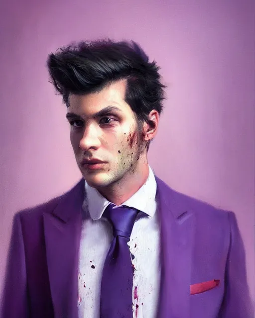 Prompt: A hyper realistic oil painting of a man in his twenties dressed in a purple suit, clean shaven, insane sharp looking face, messy hair, blood on the suit, by Greg Rutkowski, trending on artstation, 4k, creepy lighting