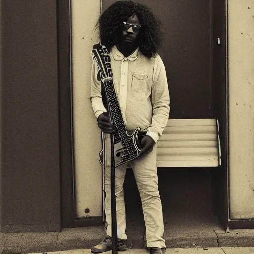 Prompt: distant wide shot of a lonely black man with long curly hair, wearing glasses, holding a electric guitar, waiting at the bus stop on moody weather, rinat voligamsi