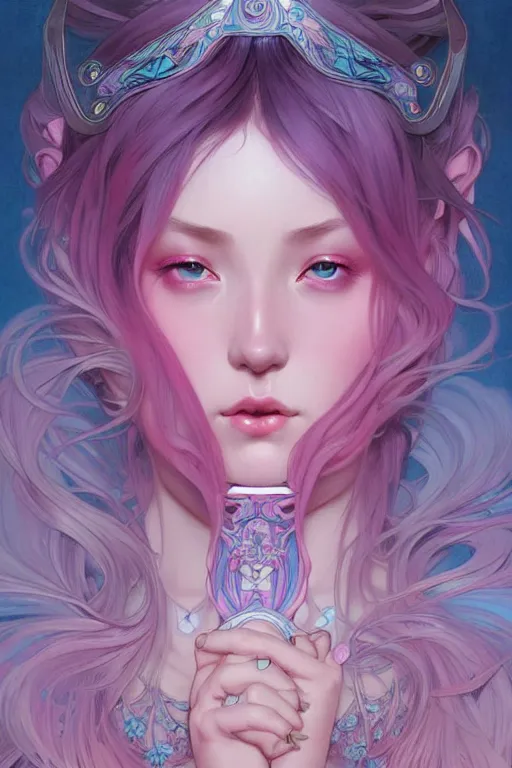 Image similar to beautiful pink blue, dark fantasy, intricate, elegant, highly detailed, digital painting, artstation, concept art, matte, sharp focus, illustration, art by artgerm and alphonse mucha