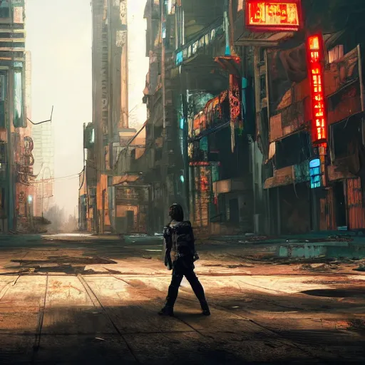 Image similar to the last man standing is on an empty street in an abandoned cyberpunk city