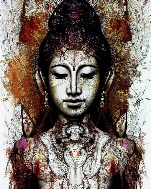 Image similar to strikingly beautiful female bodhisattva, praying meditating, realism, elegant, intricate, portrait photograph!! by Carne Griffiths and David Cronenberg