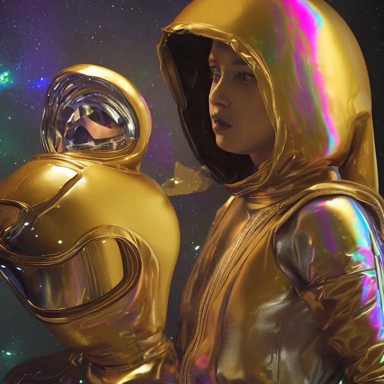 Prompt: octane render portrait by wayne barlow and carlo crivelli and glenn fabry, subject is a woman covered colorful skintight aluminum foil space suit with a iridescent metallic space helmet, inside a dark and moody cinema with projected light, cinema 4 d, ray traced lighting, very short depth of field, bokeh