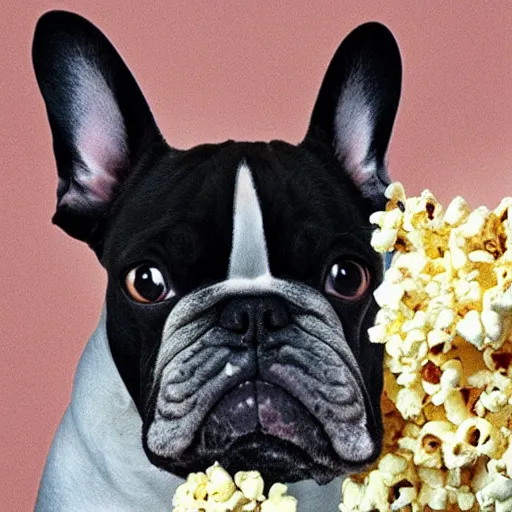 Image similar to french bulldog eating popcorn, in the style of tomma abts