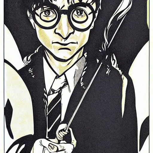 Prompt: Harry Potter as Sandman, by Neil Gaiman, by Dave McKean, comics Sandman, small details, whole-length, clear faces, high detail