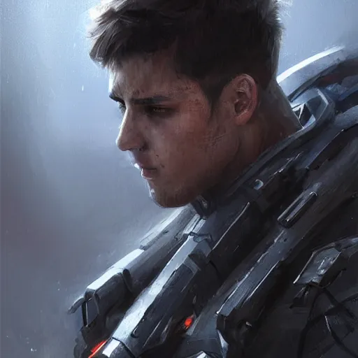 Image similar to Portrait of a man by Greg Rutkowski, he is about 20 years old, mixture turkish and russian, short dark blonde hair with bangs, attractive, angry but resigned look, he is wearing a futuristic tactical gear, highly detailed portrait, scifi, digital painting, artstation, concept art, smooth, sharp foccus ilustration, Artstation HQ.