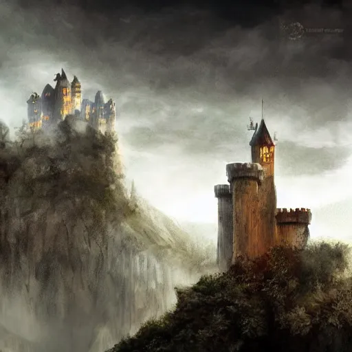 Image similar to castle in the clouds, sharp focus, cinematic, elegant, artisan, artistation, matte, high detail, concept art, illustration