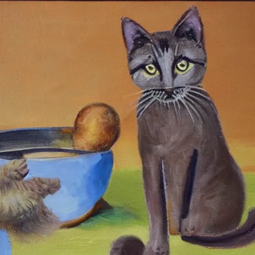 Prompt: the cat who ate potatoes, masterpiece painting by emilee duvont - jameson, who is honestly not very good