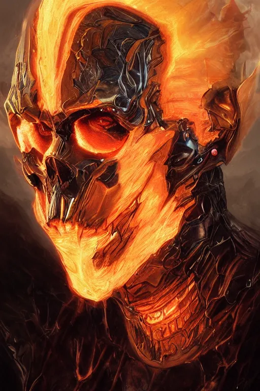 Image similar to Portrait of James Hetfield face transforming in Ghost Rider, marvel comics, dark, intricate, highly detailed, smooth, artstation, digital illustration by Ruan Jia and Mandy Jurgens and Artgerm and Wayne Barlowe and Greg Rutkowski and Zdislav Beksinski