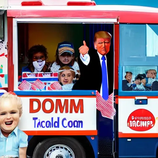 Image similar to donald trump in an ice cream truck giving ice cream to children