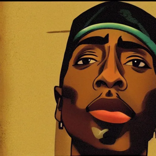 Image similar to Tupac Shakur, screenshot from a 2012s anime