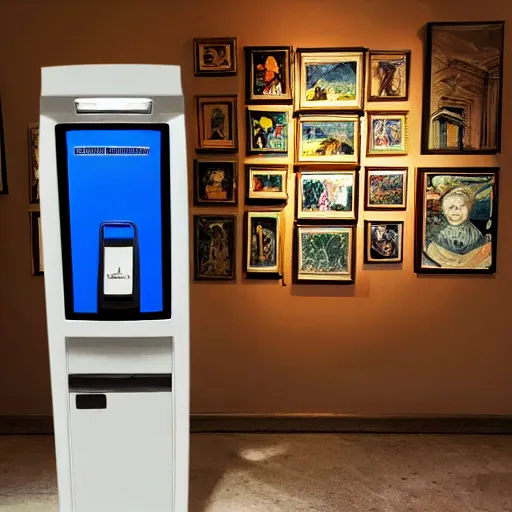 Prompt: a ticket dispenser surround by beautiful paintings, concept style