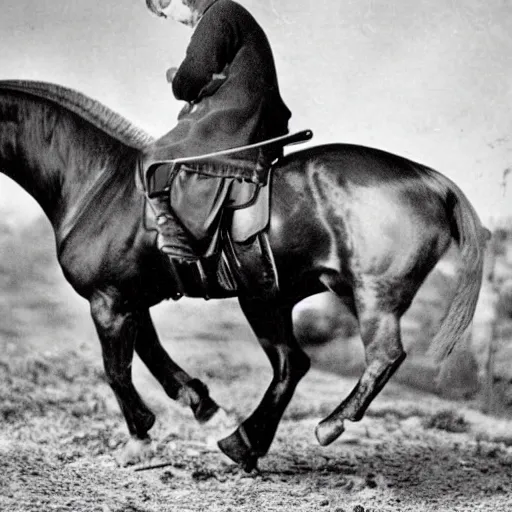 Prompt: a fallguys jellybean riding a horse, vintage photo