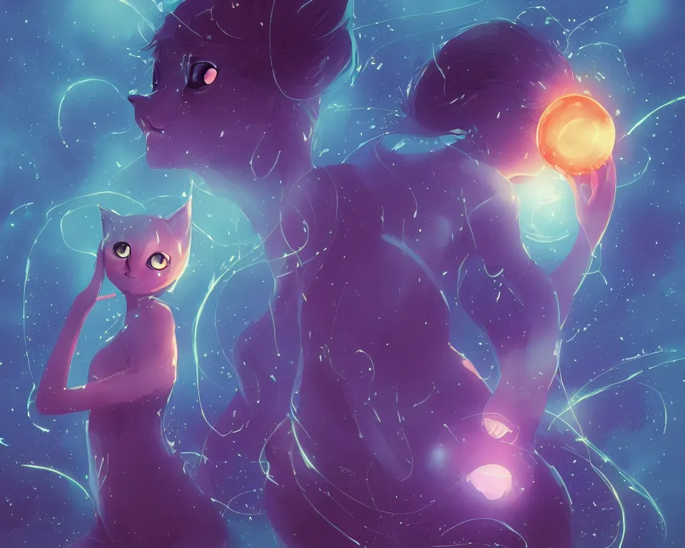 Image similar to beautiful whimsical cat girl standing in a lake in the moonlight, using magic, under a multi-colored binary blackhole with an accretion disc, glowing trails following her arms, wearing professional makeup, acidwave, by Lois van Baarle, by Greg Rutkowski, by artgerm, by beeple, by studio ghibli, cinematic angle, volumetric lighting, 4k resolution, octane render, trending on artstation, masterpiece