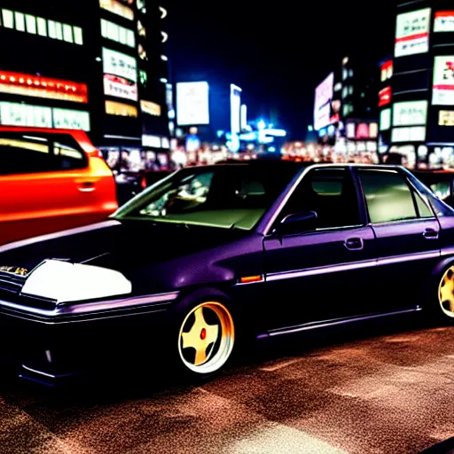 Image similar to a car JZX100 at illegal car meet, Shibuya prefecture, city midnight mist, cinematic color, photorealistic, highly detailed, 200MM