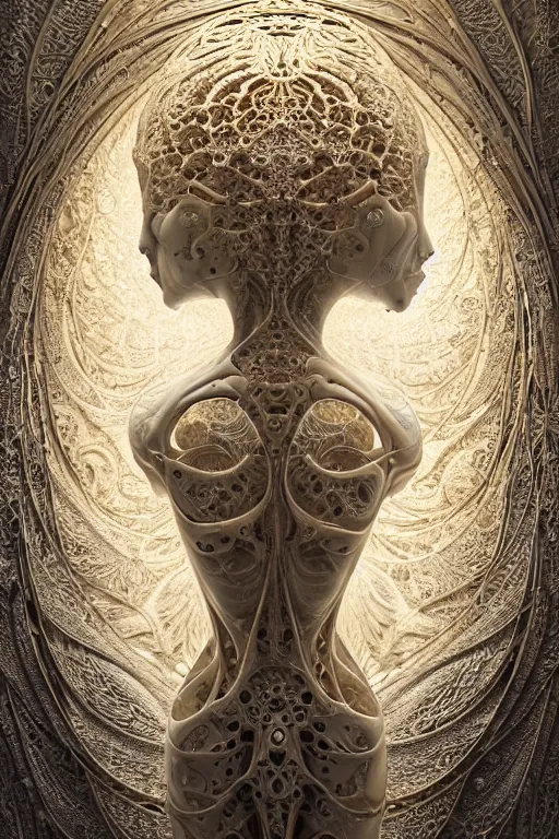 Image similar to carved white marble female biomechanical sculpture, realistic face, persian rug, Mandelbulb 3d fractal, trending on artstation, subtle gold accents, beautifully lit, by zdzislaw beksinski, tsutomu nihei, peter mohrbacher, hyper detailed, insane details, intricate, elite, ornate, elegant, luxury, dramatic lighting, cgsociety, hypermaximalist, golden ratio, environmental key art, octane render, weta digital, micro details, structure, ray trace, 4k, epic, masterpiece