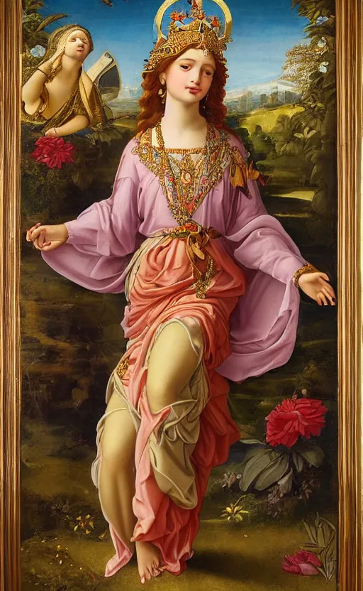 Image similar to mural of a young godess of spring, beautiful royal gown, royal ornaments, reaching towards the heavens, holy imagery, highly detailed, beautiful colors, renaissance mural, golden ratio, mural in the style of sandro boticceli, sandro boticceli