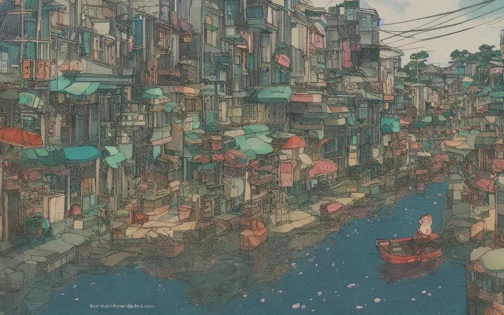 Image similar to a japanese city near the sea, lofi, dreamy, moody, very colorful, anime inspiration, ghibli vibe