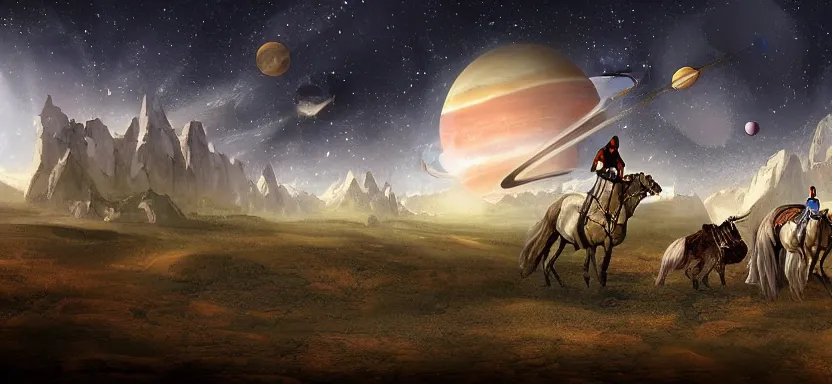 Image similar to a view of planets in the sky from horseback, medieval fantasy, digital art, extreme detail