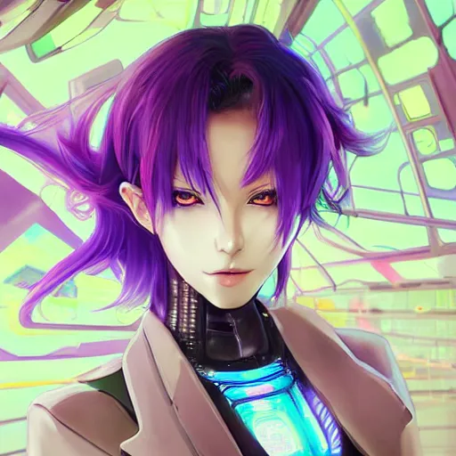 Image similar to A beautiful painting of a cyberpunk anime girl with purple hair and an a huge robot arm sensual stare, augmentations and cybernetic enhancements neon circuits, by Stanley Artgerm Lau, WLOP, Rossdraws, James Jean, Andrei Riabovitchev, Marc Simonetti, and Sakimichan, trending on artstation, hyperrealist, cinema4D, 8k highly detailed ❤️‍🔥 🔥 💀 🤖 🚀