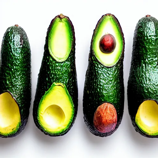 Image similar to four avocados in a row, studio photography, professional photograph, white background, studio lighting