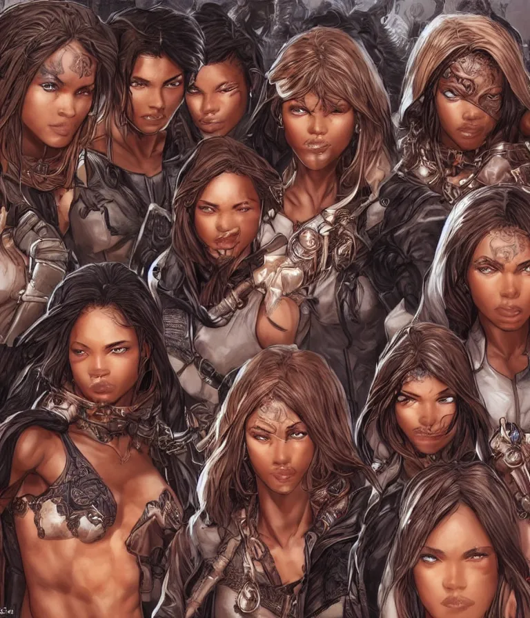 Prompt: a group of female thieves with unique clothes, brown skin, and different hair colours, beautiful, symmetrical facial features, detailed faces, intricate detail, smooth, sharp focus, arnold rendering, art by pepe larraz,