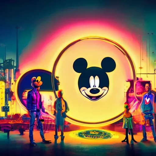 Prompt: a group of people standing around a giant one - eyed mickey mouse, cyberpunk art by david lachapelle, cgsociety, dystopian art by industrial light and magic, netflix neon logo concept art, neons, interior