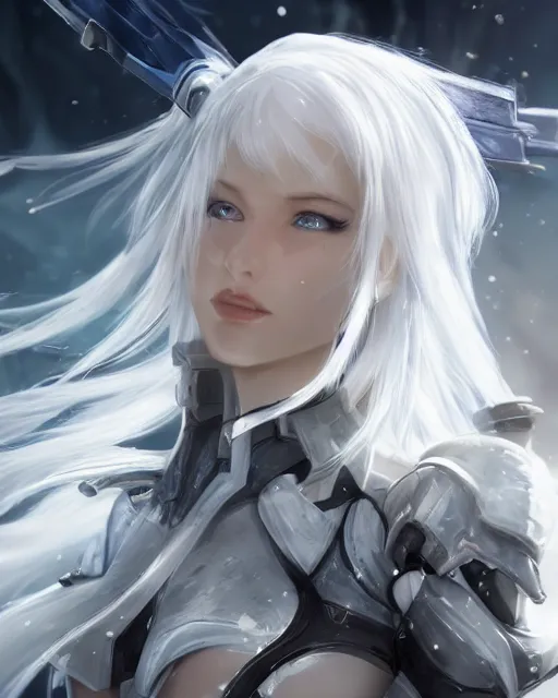 Image similar to perfect white haired girl, warframe armor, beautiful, dreamy, half asian, pretty face, blue eyes, detailed, windy weather, scifi, utopian architecture, laboratory, 4 k, ultra realistic, epic lighting, cinematic, high detail, masterpiece, art by akihito tsukushi, akasuki voidstar