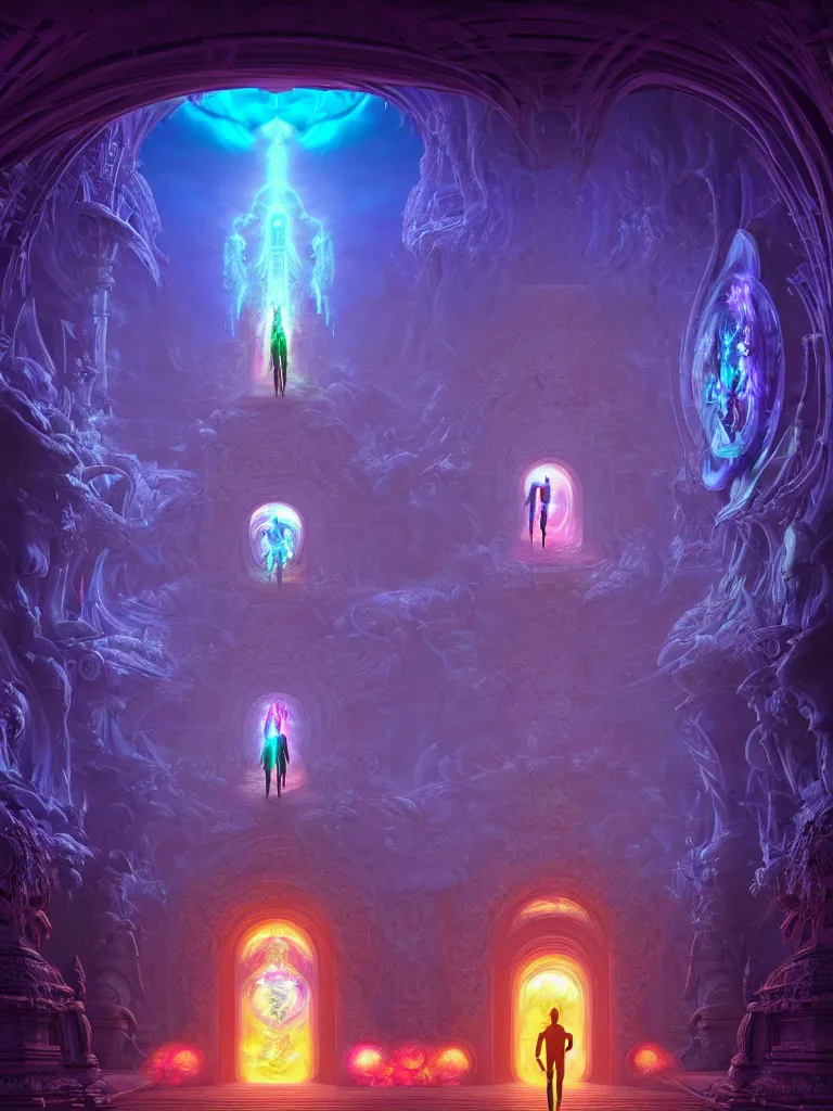 Prompt: entrance to ethereal realm, vishnu waiting, rendered in unreal engine, central composition, symmetrical composition, dreamy colorful cyberpunk colors, 6 point perspective, fantasy landscape with anthropomorphic!!! terrain!!! in the styles of igor morski, jim warren, and rob gonsalves, intricate, hyperrealistic, volumetric lighting, neon ambiance, distinct horizon