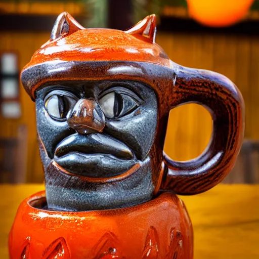 Image similar to a closeup photorealistic photograph of a glossy orange cat garfield style tiki mug sitting at a trader vic's beach bar featuring garfield's face. tiki theme. bright scene. fine detail. this 4 k hd image is trending on artstation, featured on behance, well - rendered, extra crisp, features intricate detail, epic composition and the style of unreal engine.