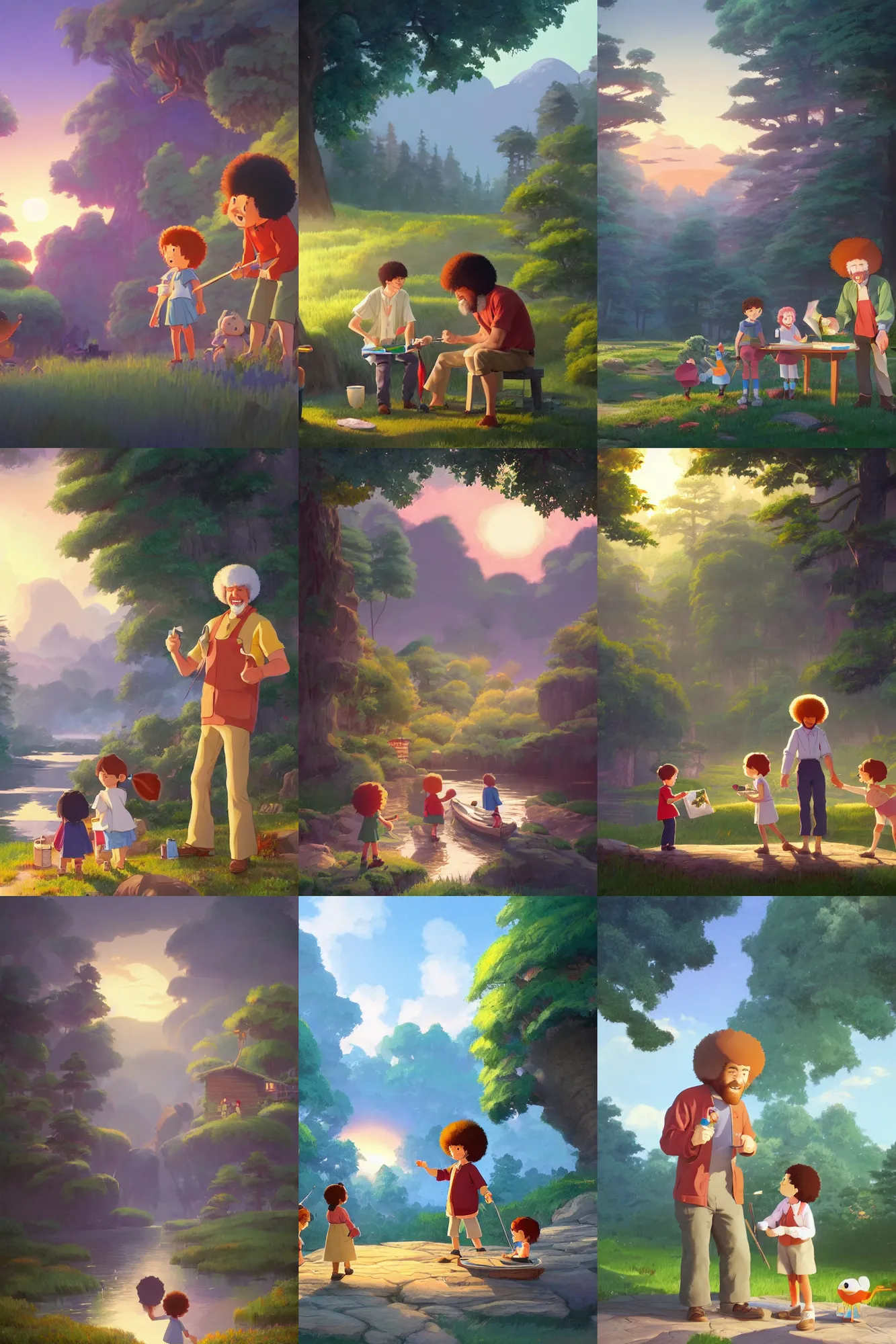 Prompt: a wholesome cottagecore illustration of a happy cartoon Bob Ross teaching excited kids how to paint, studio Ghibli, Pixar and Disney animation, sharp, Rendered in Redshift and Unreal Engine 5 by Greg Rutkowski, Bloom, dramatic lighting, sunrise
