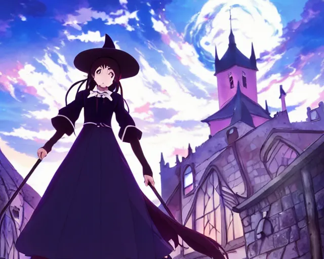 Image similar to ( majo no tabitabi ), key anime visual portrait of a young female witch walking through a busy medieval village, dynamic pose, dynamic perspective, cinematic, dramatic lighting, detailed silhouette, anime proportions, perfect anime, yoh yoshinari, ( violet evergarden )