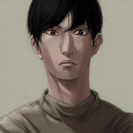 Prompt: anime portrait of a man by mahiro maeda, he is about 3 0 years old, short black hair with bangs, his features are a mix between french, turkish and russian and he is wearing a beige and black utility jumpsuit, highly detailed portrait, digital painting, artstation, concept art, smooth, sharp foccus ilustration, artstation hq