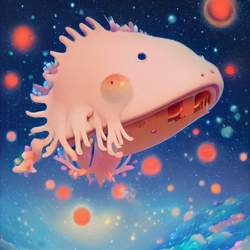 Image similar to axolotl by takashi murakami,, beeple and james jean, aya takano color style, 4 k, super detailed, night sky, digital art, digital painting, celestial, majestic, colorful