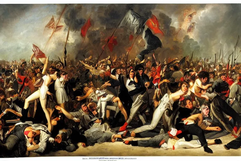 Prompt: protesters riot against war, in style of Karl Bryullov,