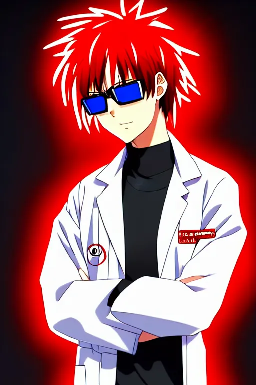 Prompt: full body anime portrait of a cool emo round eyes red hair white glasses dressed in a lab coat cinematic highly detailed 4 k neon background glass crack