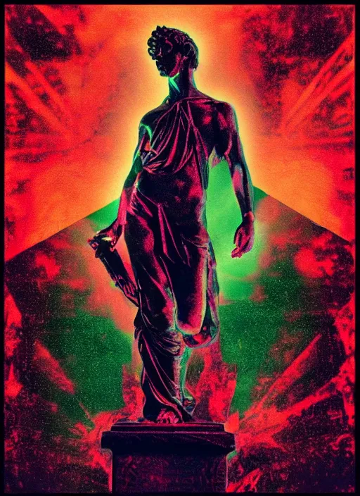 Image similar to black background with very subtle red and purple design elements, statue of david, powerful, nekro, graphic design, collage art, thin lines, dark, glitch art, neo vaporwave, gritty, layout frame, square, trending on artstation