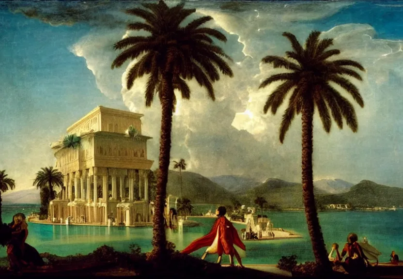 Image similar to Palace floating in the sky, 1km tall, thunderstorm, greek pool, beach and palm trees on the background major arcana sky, by paul delaroche, hyperrealistic 4k uhd, award-winning, very very very detailed