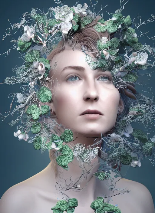 Image similar to dreamt in 2 3. 7 7 s for @ abdu's! dream complex intricate 3 d render hyper detailed ultra sharp of a cyborg beautiful porcelain smooth woman portrait with big leaves and stems in her hair, white magnolia, overgrown foliage, fungi pores mesh, white ornate armor, vincent callebaut, swirling smoke, white background, octane, 8 k,