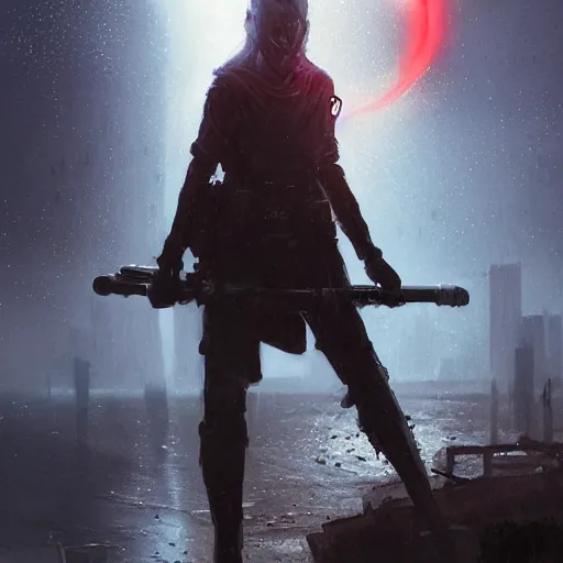 Prompt: A portrait of a blue eye girl, ruins of a destroyed city and a yellow-red moon on background, techwear, Sith, battle worn, night, rainy atmosphere, natural volumetric light, intricate, highly detailed, digital painting, concept art, sharp focus, illustration, Star Wars art, art by greg rutkowski, matte painting, trending on artstation