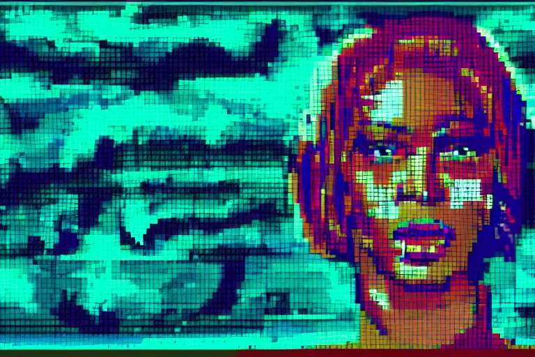 Prompt: america has a problem : : beyonce, 9 0 s, cyberpunk, night, neon lights, grunge, dirty, angelic, pixel art, video game graphics