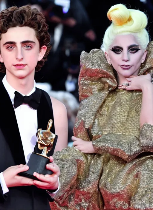 Image similar to timothee chalamet and lady gaga, canon, highly realistic. lady gaga, high resolution. highly detailed 8 k. 4 k.