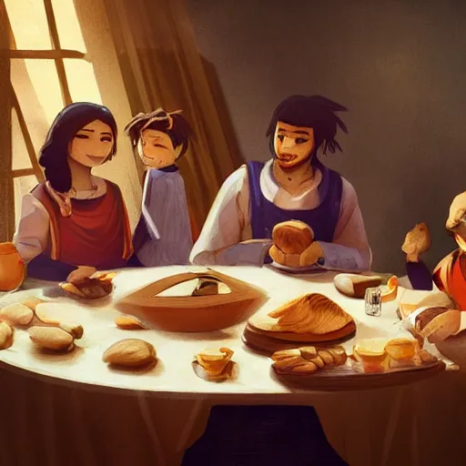 Prompt: a family of sumerians eating bread around a table, trending on pixiv, digital art, detailed, hd, cinematic, low ambient light