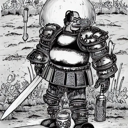 Image similar to homer simpson fighting guts from berserk wearing heavy armor, cinematic, manga style, black ink, hyperdetailed, ghibli