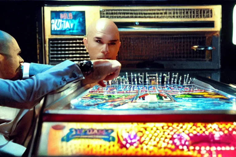 Image similar to pitbull playing a pitbull pinball machine, over the shoulder perspective, in 1 9 8 5, y 2 k cybercore, industrial low - light photography, still from a kiyoshi kurosawa movie